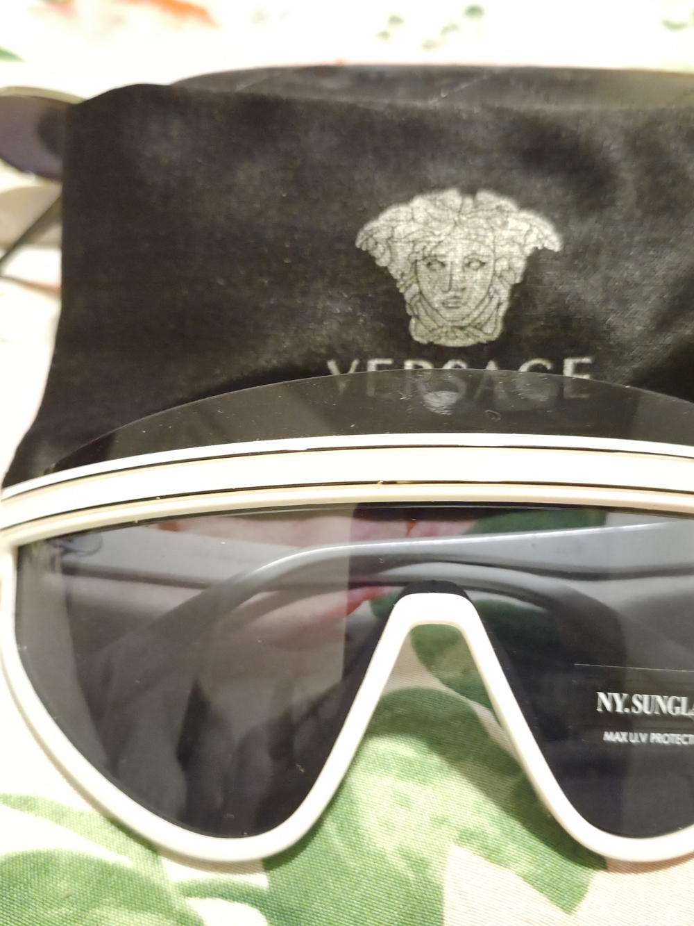 Versace Men’s Black and White Shield Sunglasses with Gold Trim